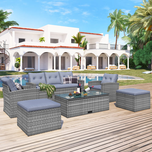 6-Piece Rattan Wicker Patio Set with Coffee Table and Cushions